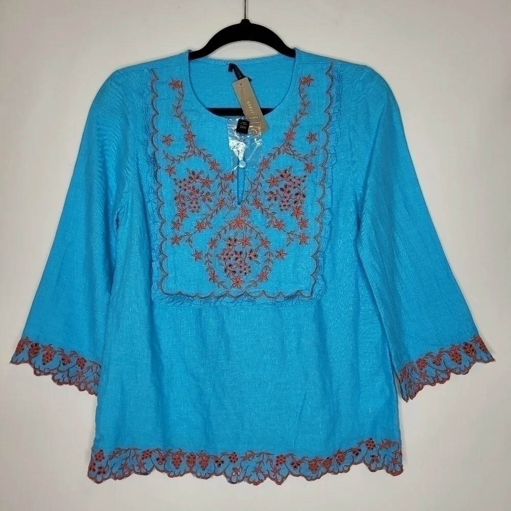 J. Crew Embroidered Linen Tunic Monaco Blue